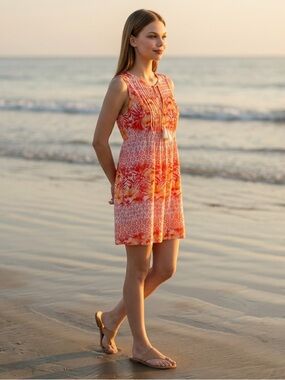 Old Navy Sleeveless Knee Length Floral Summer Dress Coral & Yellow Sz M Rayon